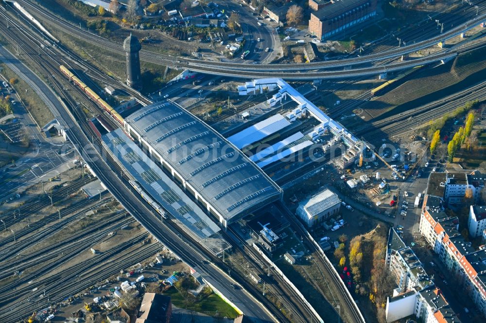 Aerial photograph Berlin - Route expansion station - Warschauer road to east cross rail station Ostkreuz Friedrichshain district of Berlin