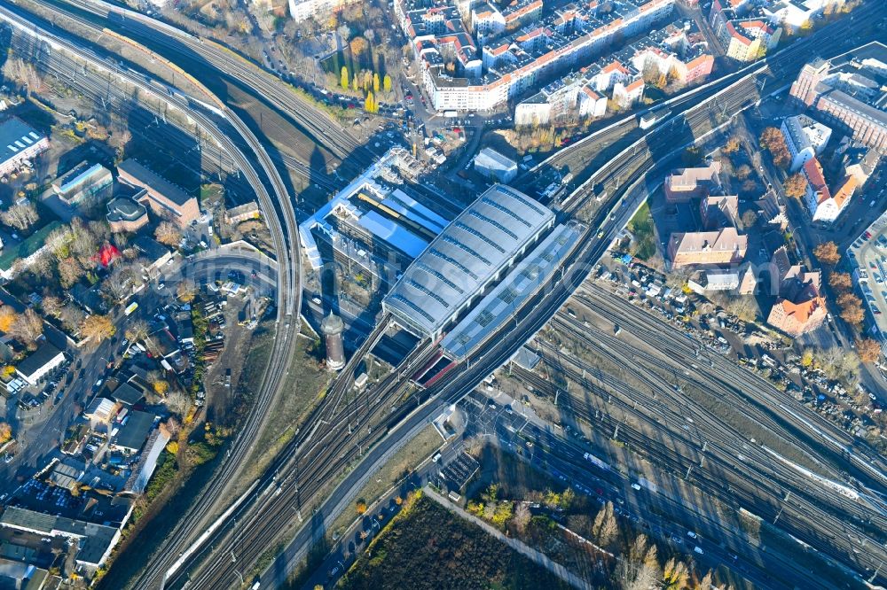 Berlin from above - Route expansion station - Warschauer road to east cross rail station Ostkreuz Friedrichshain district of Berlin