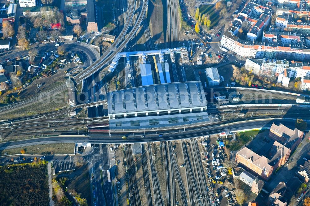 Aerial image Berlin - Route expansion station - Warschauer road to east cross rail station Ostkreuz Friedrichshain district of Berlin