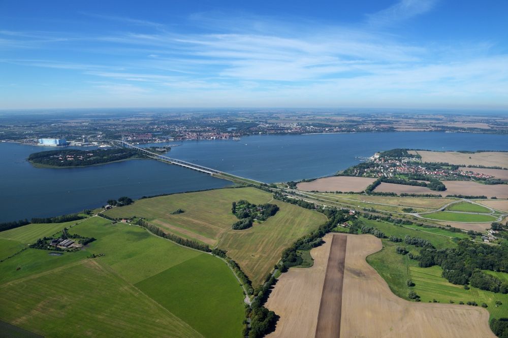 Stralsund from above - The Strelasund -Ruegenbruecke with Ruegendamm before Stralsund's old town in the state of Mecklenburg-Western Pomerania