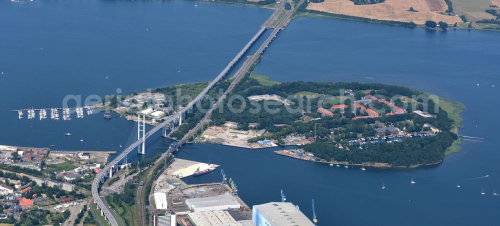 Aerial image Hansestadt Stralsund - The Strelasund -Ruegenbruecke with Ruegendamm before Stralsund's old town in the state of Mecklenburg-Western Pomerania