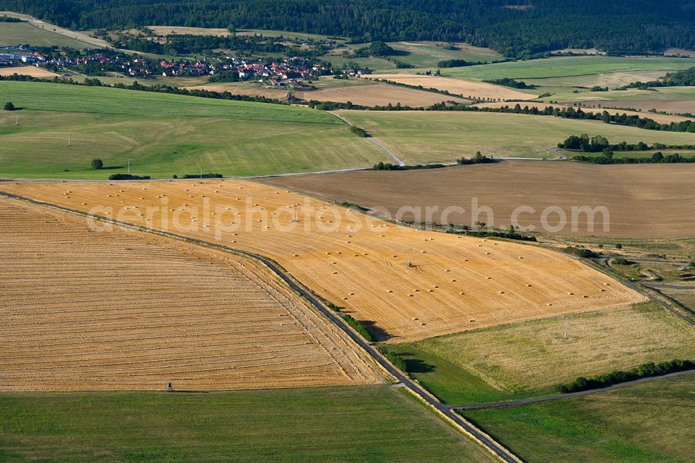 Henfstädt from above - Straw bale landscape in a field on the outskirts in Henfstaedt in the state Thuringia, Germany