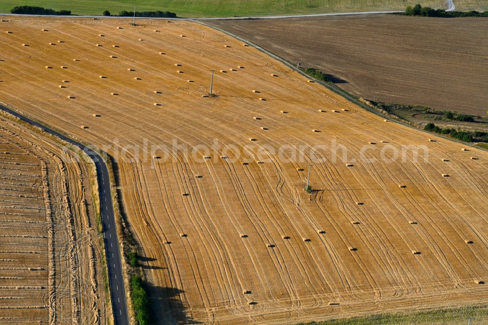 Henfstädt from the bird's eye view: Straw bale landscape in a field on the outskirts in Henfstaedt in the state Thuringia, Germany