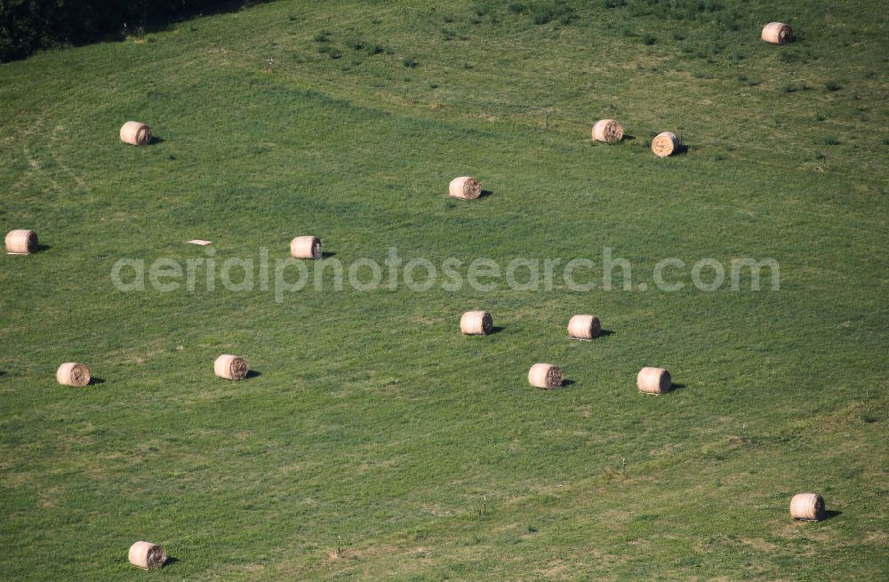 Riechheim from above - Straw bale landscape in a field on the outskirts in Riechheim in the state Thuringia, Germany