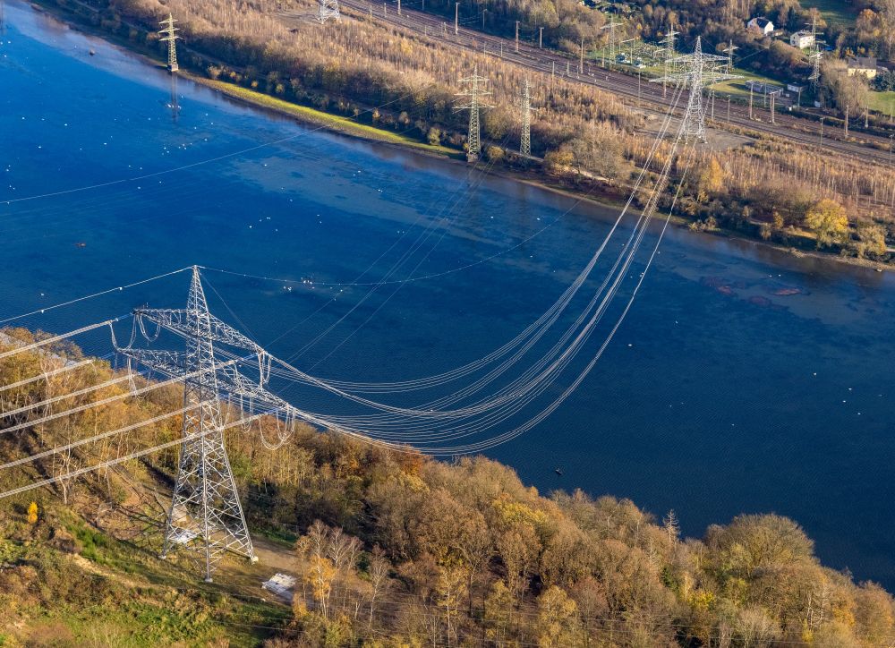 Aerial image Herdecke - Current route of the power lines and pylons of Pumpspeicherkraftwerk Koepchenwerk in the district Hengstey in Herdecke at Ruhrgebiet in the state North Rhine-Westphalia, Germany