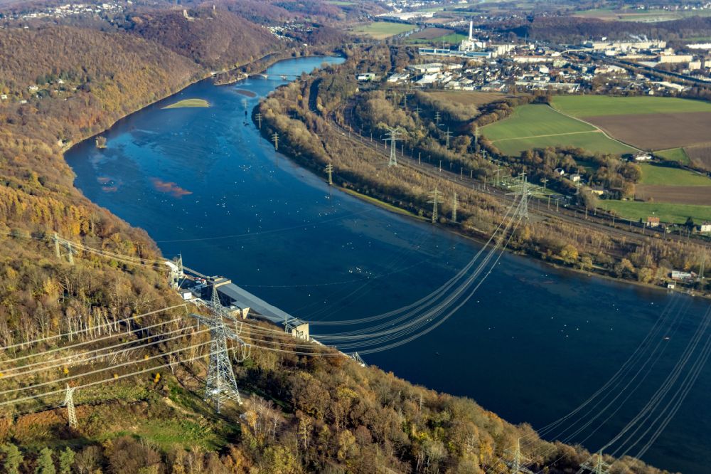 Aerial photograph Herdecke - Current route of the power lines and pylons of Pumpspeicherkraftwerk Koepchenwerk in the district Hengstey in Herdecke at Ruhrgebiet in the state North Rhine-Westphalia, Germany