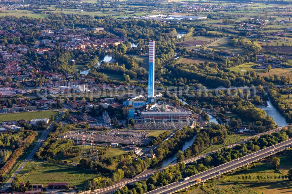 Aerial image Cassano d'Adda - Power plant of A2A (Centrale Termoelettrica) from natural gas on street Via Edison in Cassano d'Adda in the Lombardy, Italy