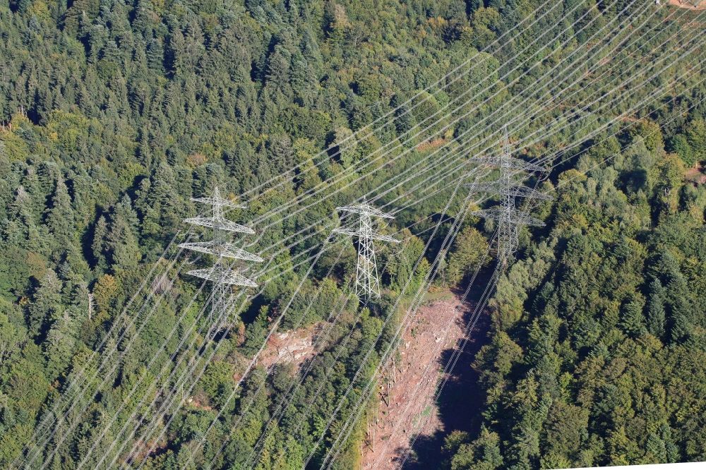 Rickenbach from above - Power line and high voltage transmission lines for the power supply in southern Germany at Rickenbach in the state of Baden- Wuerttemberg