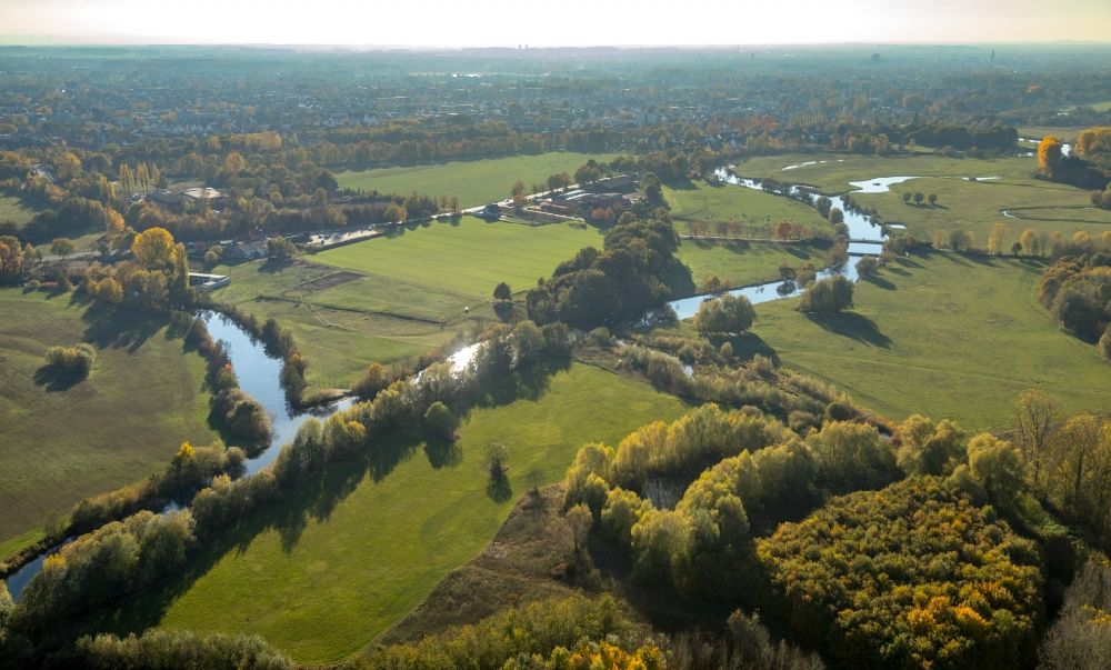 Dolberg from above - Grassland structures of a meadow and field landscape in the lowland on river Lippe in Dolberg in the state North Rhine-Westphalia, Germany