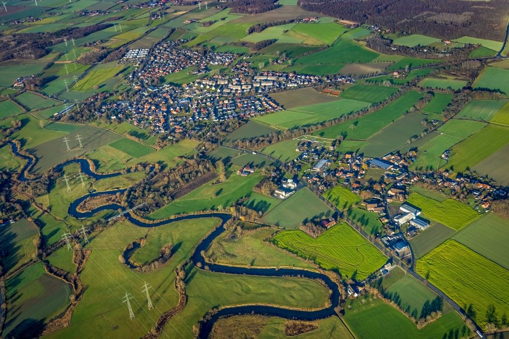 Aerial image Hamm - Aerial view of the Lippe floodplain between Dolberg and Uentrop, grassland structures of the Lippe meander, meadow and field landscape in the floodplain lowland at the river Lippe in the district of Haaren in Hamm in the German state of North Rhine-Westphalia, Germany