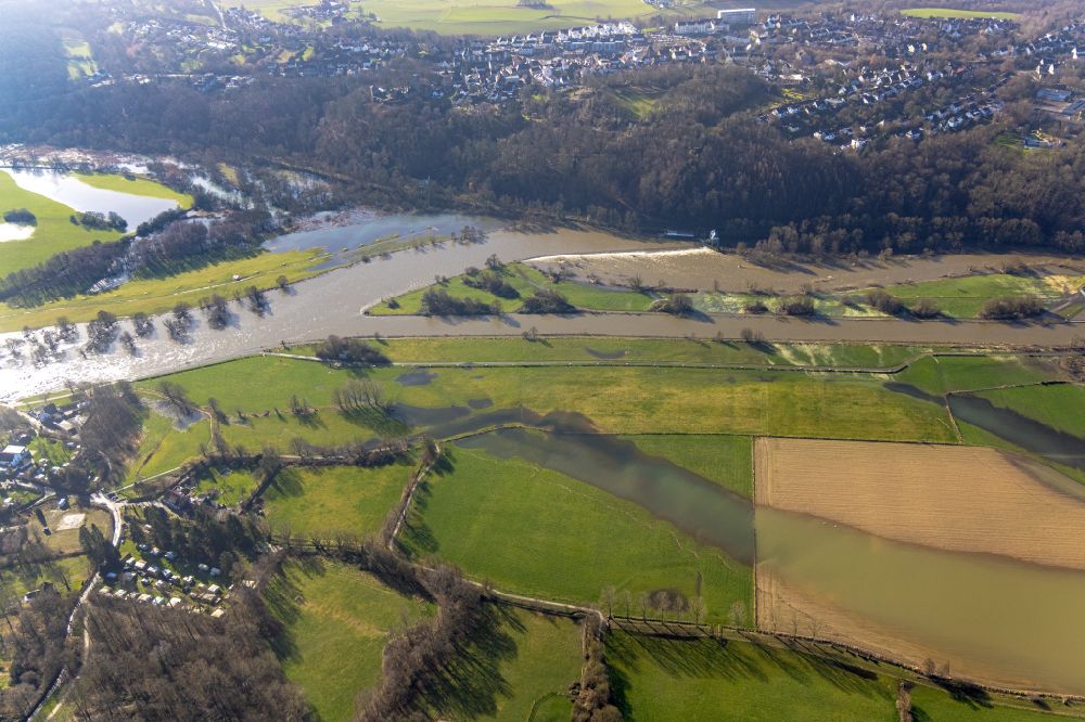 Aerial image Hattingen - Grassland structures of a meadow and field landscape in the lowland the Ruhr in Hattingen at Ruhrgebiet in the state North Rhine-Westphalia, Germany