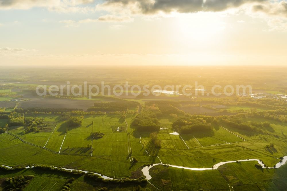 Stade from above - Grassland structures of a meadow and field landscape in the lowland of Schwinge in Stade in the state Lower Saxony, Germany