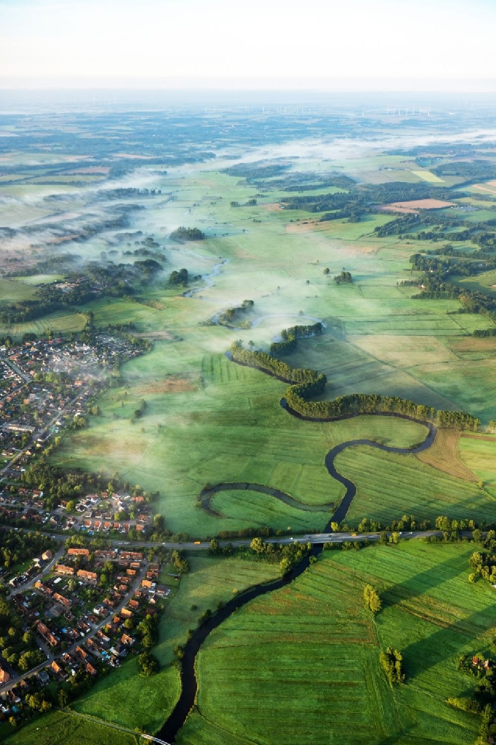 Stade from above - Grassland structures of a meadow and field landscape in the lowland Schwinge in Stade in the state Lower Saxony, Germany