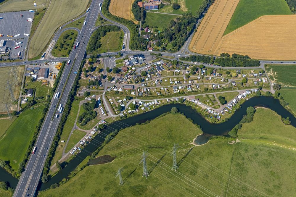 Aerial image Lippetal - Grassland structures of a meadow and field landscape in the lowland course of Lippe river in Lippetal in the state North Rhine-Westphalia, Germany