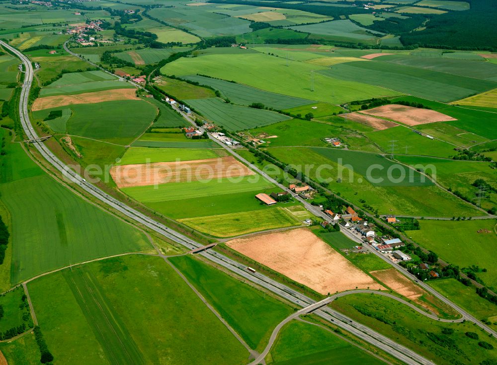 Börrstadt from above - Structures on agricultural fields in Börrstadt in the state Rhineland-Palatinate, Germany