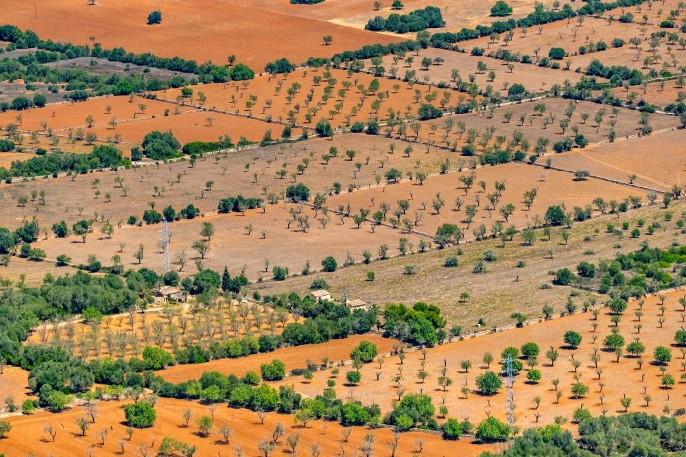 Campos from the bird's eye view: Structures on agricultural fields in Campos in Balearic island of Mallorca, Spain