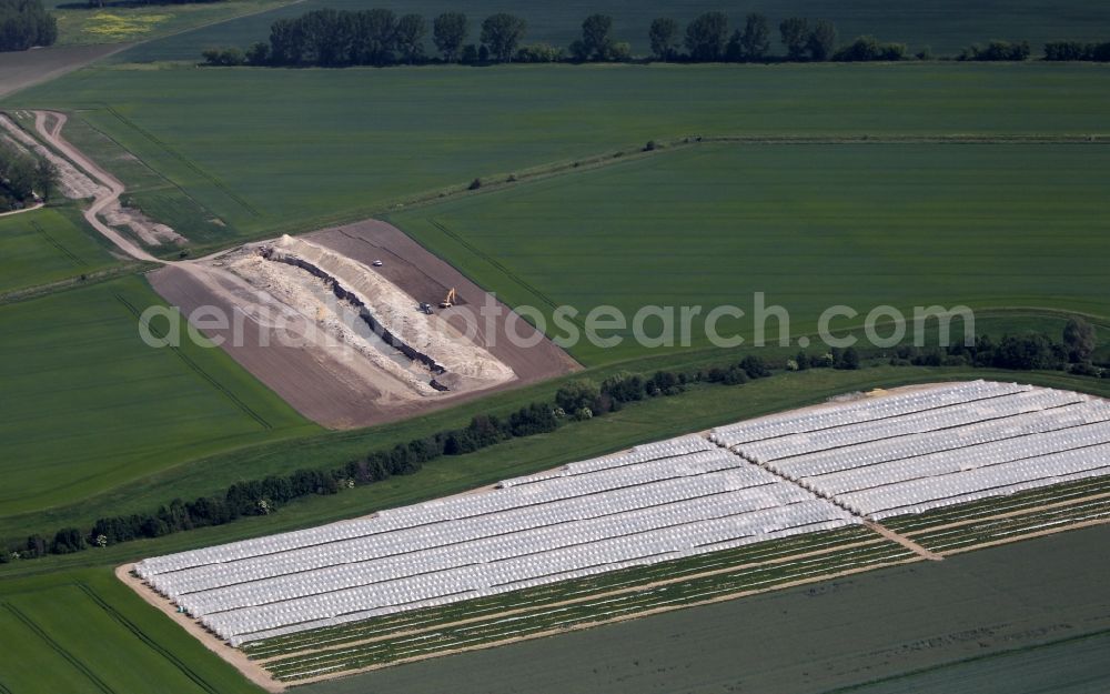 Gebesee from the bird's eye view: Structures on agricultural fields for strawberry cultivation of the Erdbeerhof Gebesee GmbH in Gebesee in the state Thuringia, Germany