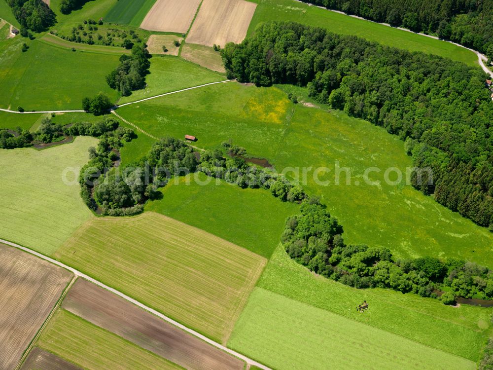 Gutenzell-Hürbel from the bird's eye view: Structures on agricultural fields in Gutenzell-Hürbel in the state Baden-Wuerttemberg, Germany