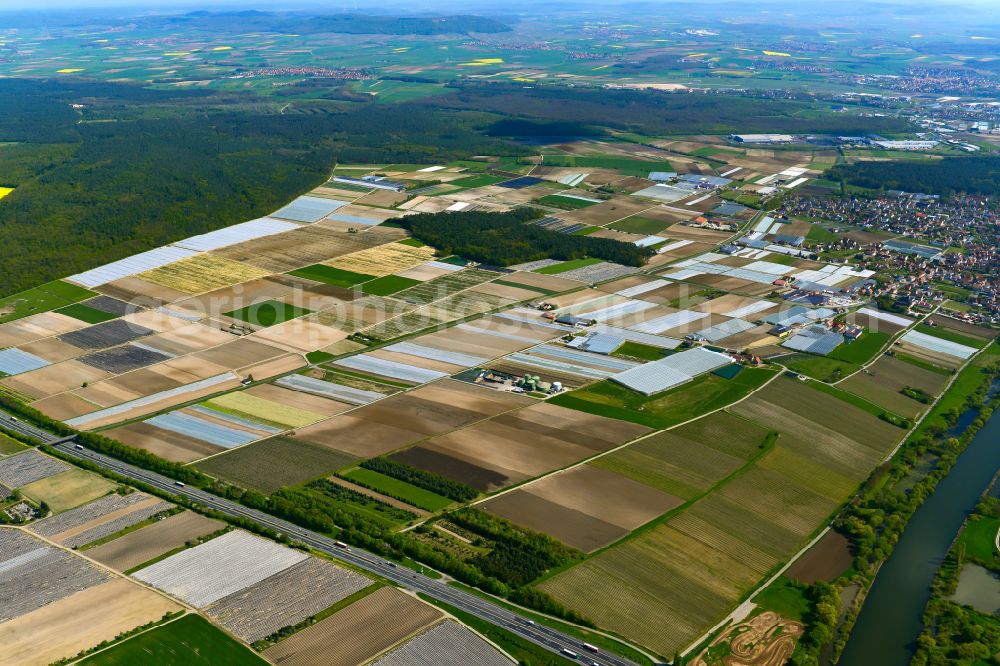 Kitzingen from above - Structures on agricultural fields in Kitzingen in the state Bavaria, Germany