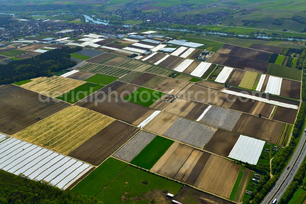 Kitzingen from the bird's eye view: Structures on agricultural fields in Kitzingen in the state Bavaria, Germany