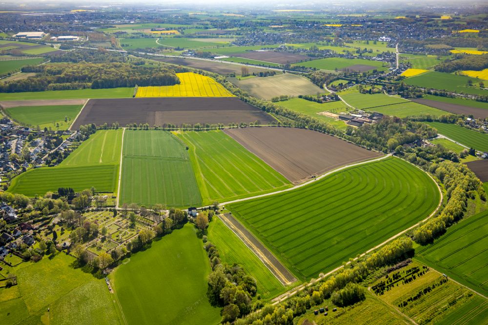 Oberaden from above - Structures on agricultural fields in Oberaden at Ruhrgebiet in the state North Rhine-Westphalia, Germany