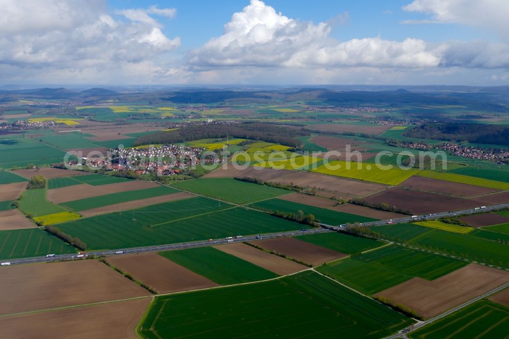 Rosdorf from the bird's eye view: Structures on agricultural fields in Rosdorf in the state Lower Saxony, Germany