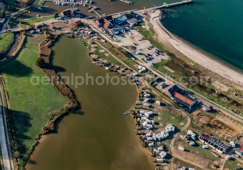 Langballig from above - Storm and flood damage on the campsite with caravans and tents on the Baltic Sea beach in Langballigau in the state of Schleswig-Holstein