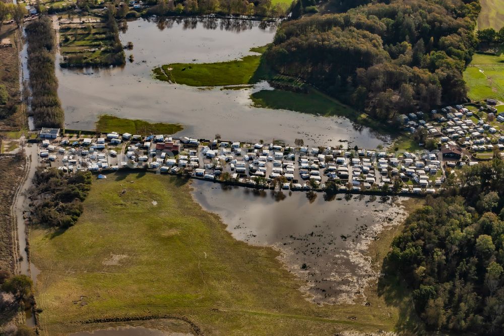Aerial image Damp - Storm damage and flooding on the caravan and tent campsite and tent site Dorotheenthal in Damp in the state Schleswig-Holstein, Germany