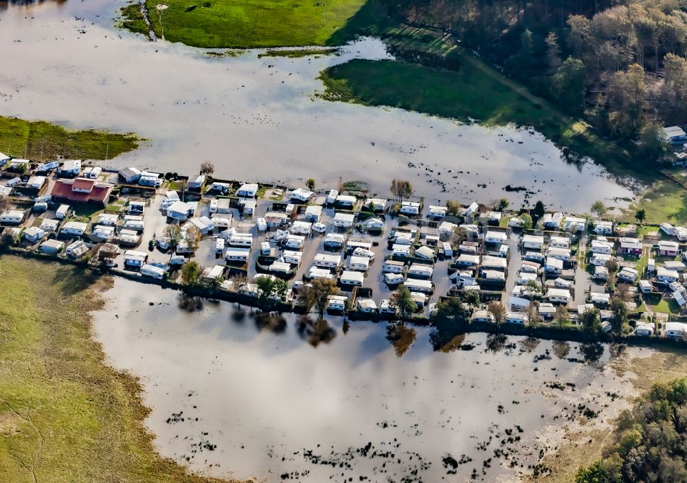 Damp from the bird's eye view: Storm damage and flooding on the caravan and tent campsite and tent site Dorotheenthal in Damp in the state Schleswig-Holstein, Germany