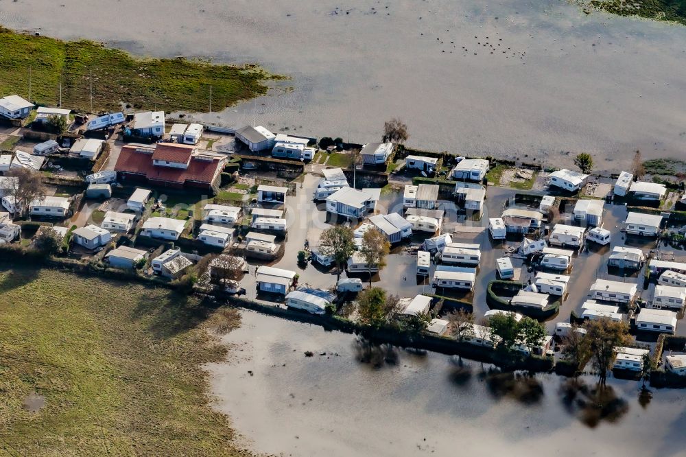 Damp from the bird's eye view: Storm damage and flooding on the caravan and tent campsite and tent site Dorotheenthal in Damp in the state Schleswig-Holstein, Germany