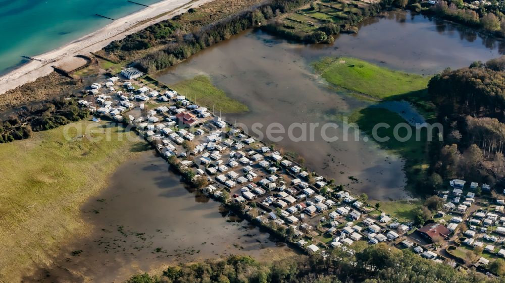 Aerial photograph Damp - Storm damage and flooding on the caravan and tent campsite and tent site Dorotheenthal in Damp in the state Schleswig-Holstein, Germany