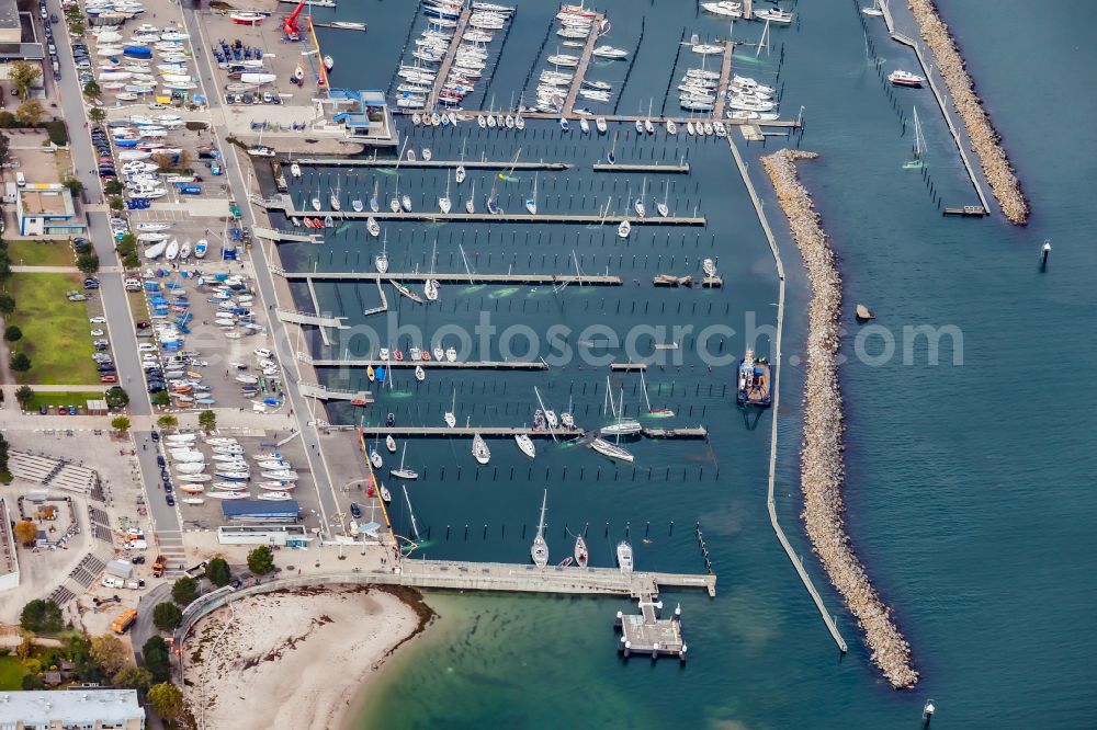Aerial photograph Kiel - Storm damage to the pleasure craft and sailboat pier and boat berths in the harbor Olympiahafen Schilksee on the Soling street in Kiel in the state Schleswig-Holstein, Germany