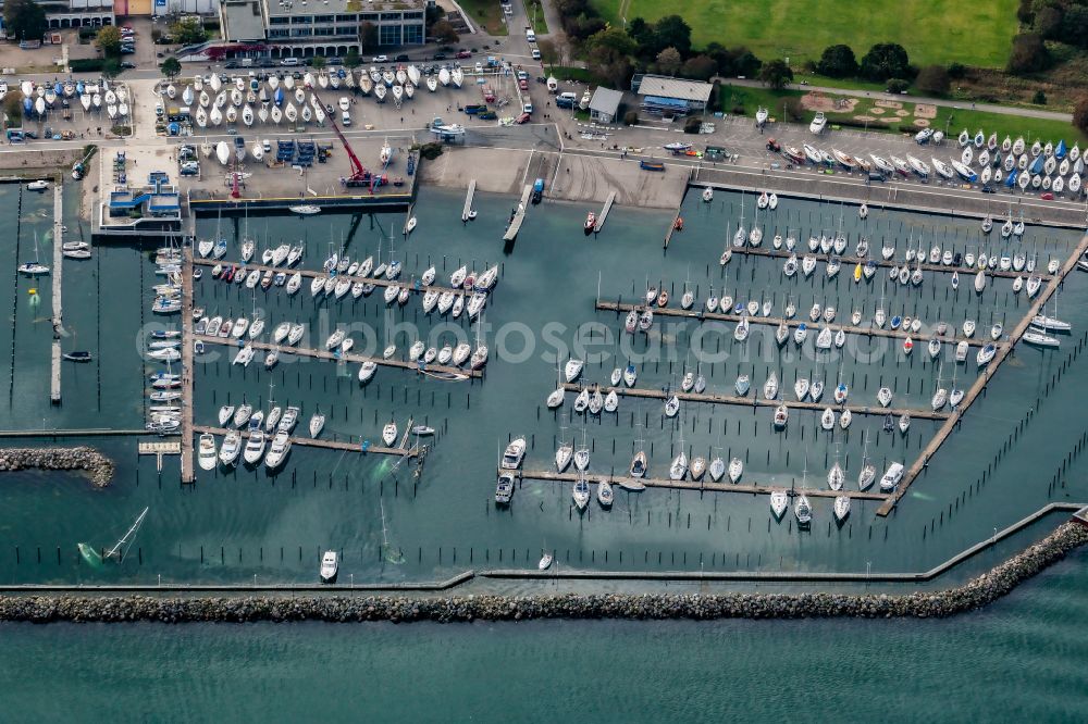 Aerial photograph Kiel - Storm damage to the pleasure craft and sailboat pier and boat berths in the harbor Olympiahafen Schilksee on the Soling street in Kiel in the state Schleswig-Holstein, Germany