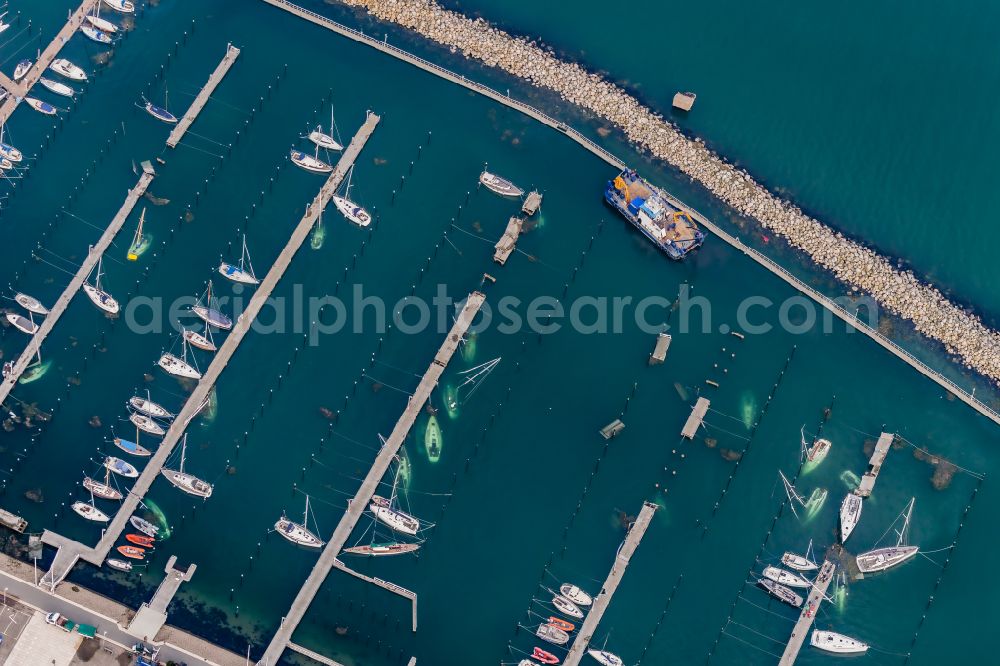 Kiel from the bird's eye view: Storm damage to the pleasure craft and sailboat pier and boat berths in the harbor Olympiahafen Schilksee on the Soling street in Kiel in the state Schleswig-Holstein, Germany