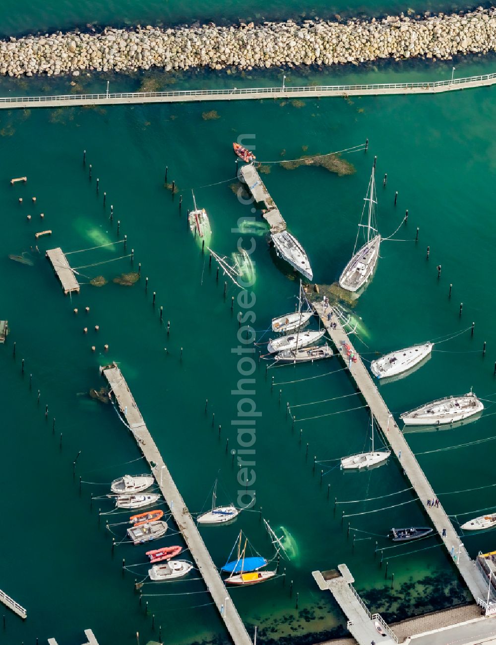 Kiel from above - Storm damage to the pleasure craft and sailboat pier and boat berths in the harbor Olympiahafen Schilksee on the Soling street in Kiel in the state Schleswig-Holstein, Germany