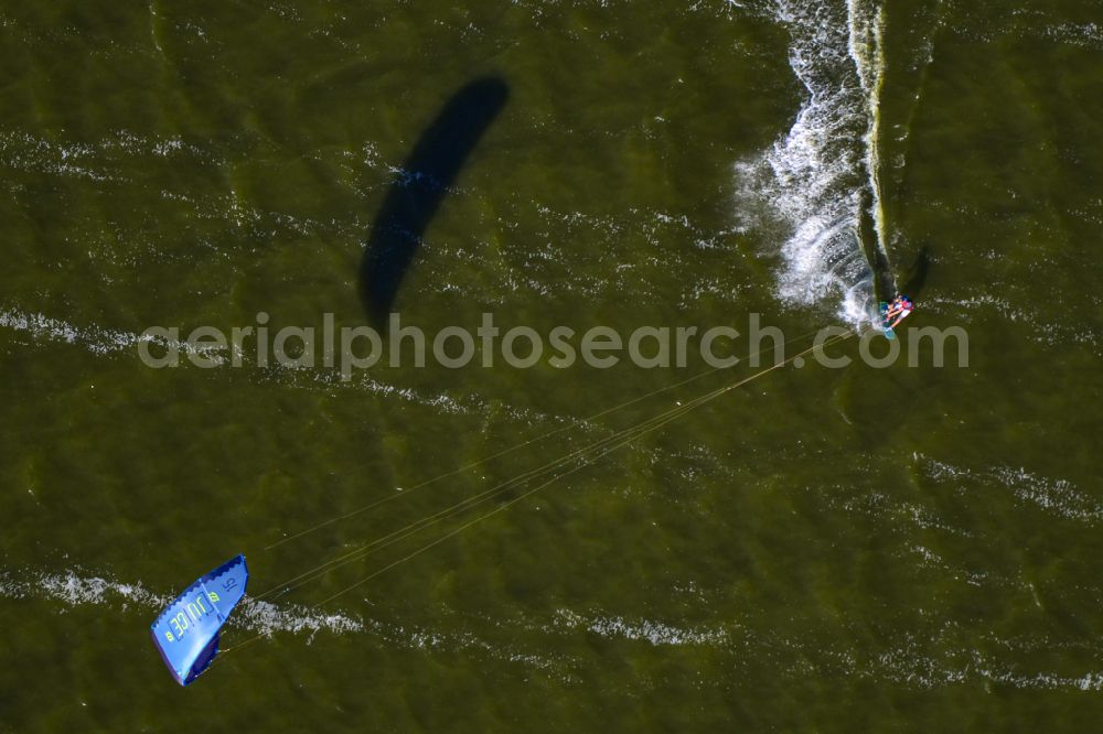 Aerial image Born am Darß - Surfer - kitesurfer and sailors in motion on Barther Bodden in Born am Darss in the state Mecklenburg - Western Pomerania, Germany