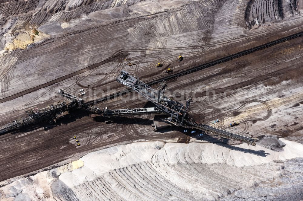 Aerial image Jüchen - Excavator on opencast mining site - brown coal opencast mine Garzweiler of RWE Power in North Rhine-Westphalia
