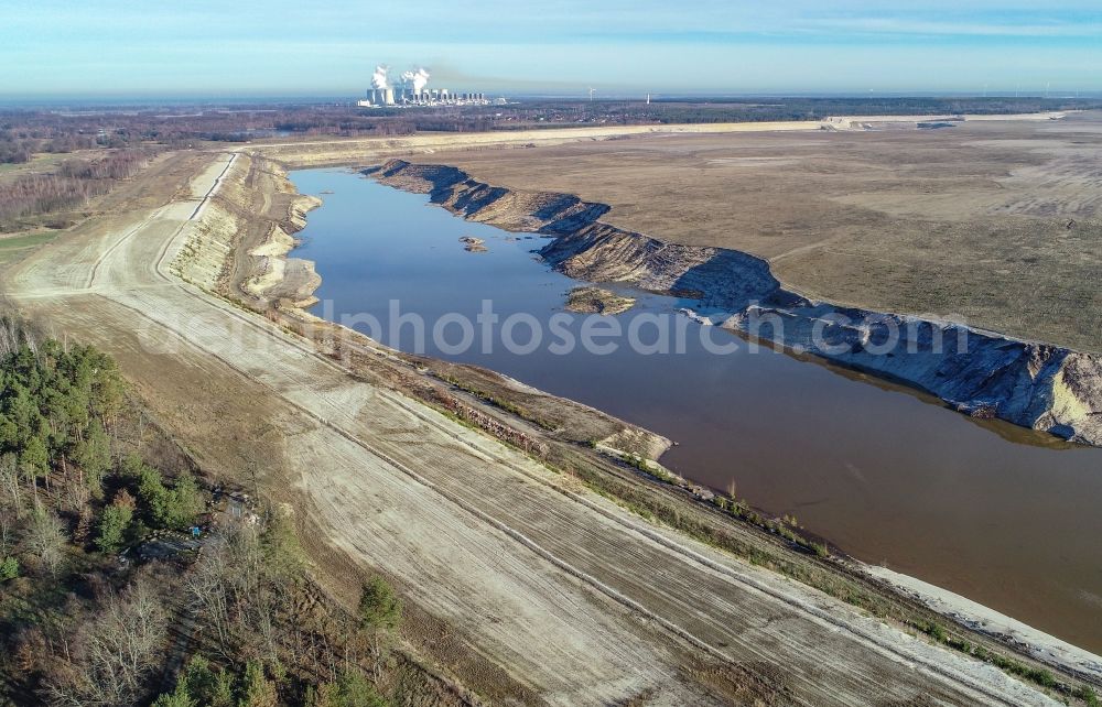 Aerial image Cottbus - Open pit re cultivation on the shores of the lake Baltic Sea in the district Dissenchen in Cottbus in the state Brandenburg, Germany