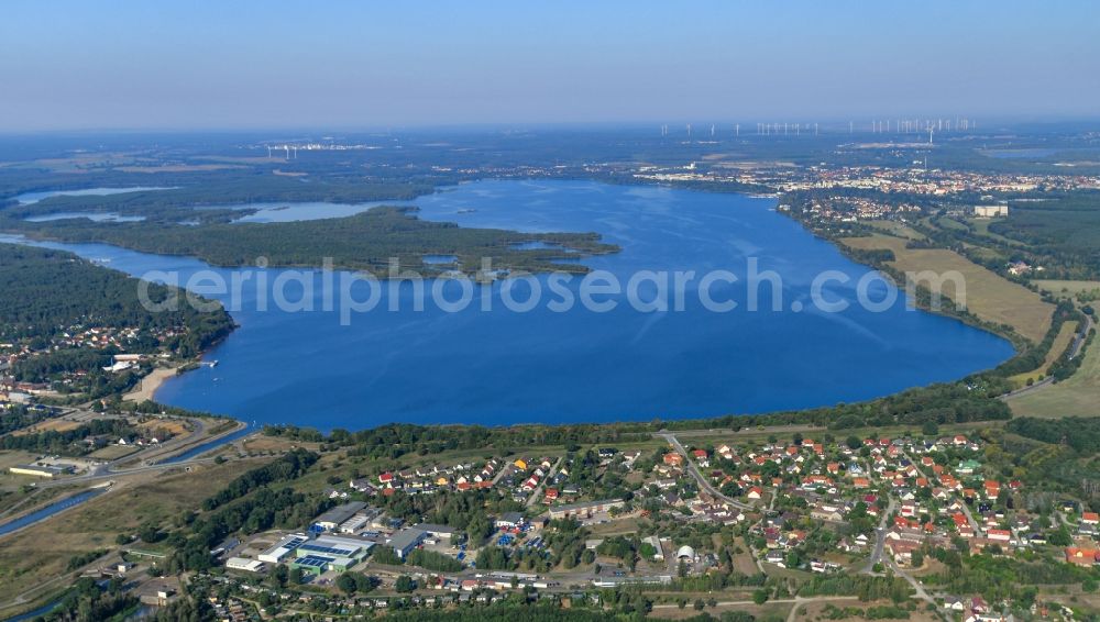 Senftenberg from above - Open pit re cultivation on the shores of the lake Senftenberger See in Senftenberg in the state Brandenburg, Germany