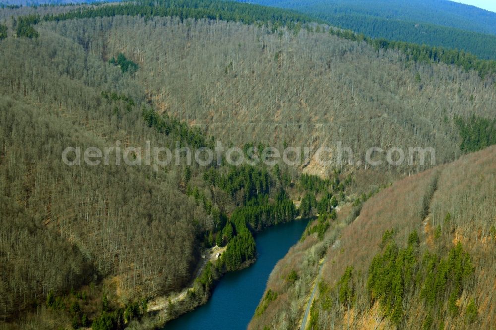 Aerial image Schleusegrund - Riparian areas on the Talsperre Schoenbrunn reservoir with raw water extraction tower and Steinschuett dam in Schleusegrund in the southern Thuringian Forest in the state of Thuringia, Germany