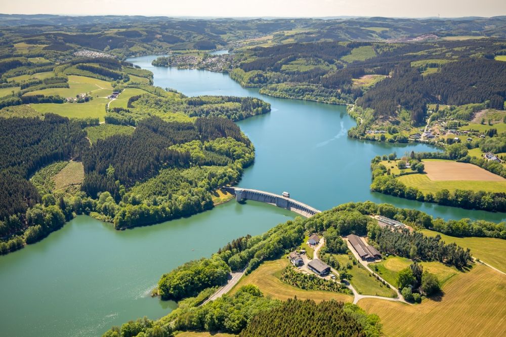 Aerial image Wörmge - Talsperren - dam and bank areas at the Listertalsperre near Woermge in the state North Rhine-Westphalia, Germany