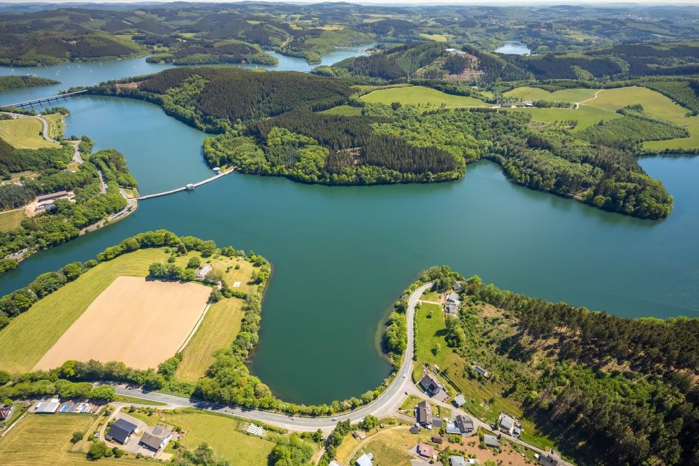 Wörmge from above - Talsperren - dam and bank areas at the Listertalsperre near Woermge in the state North Rhine-Westphalia, Germany
