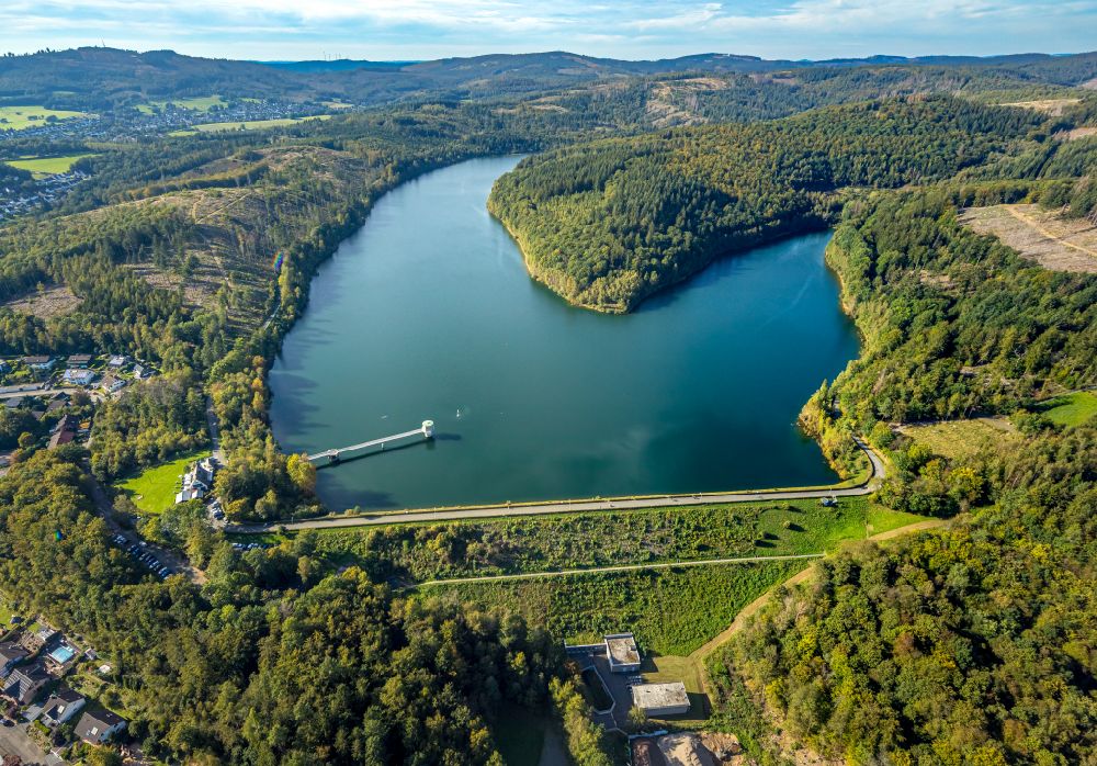 Allenbach from above - Dam and shore areas at the lake Breitenbachtalsperre in Allenbach in the state North Rhine-Westphalia, Germany