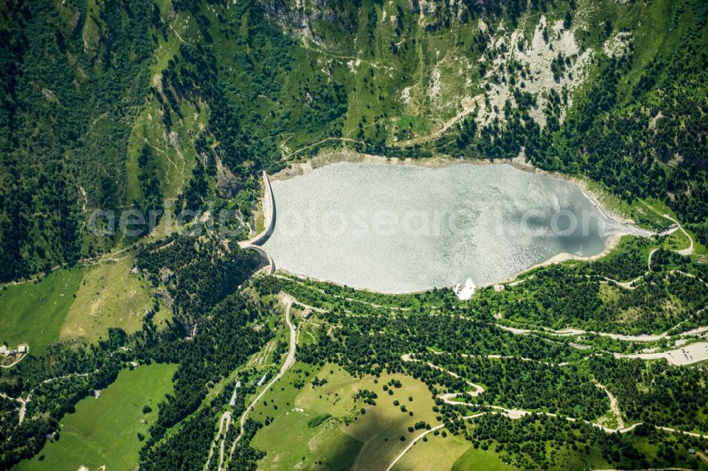 Aussois from above - Dam and shore areas at the lake Lac de Plan d'Aval in Aussois in Auvergne-Rhone-Alpes, France