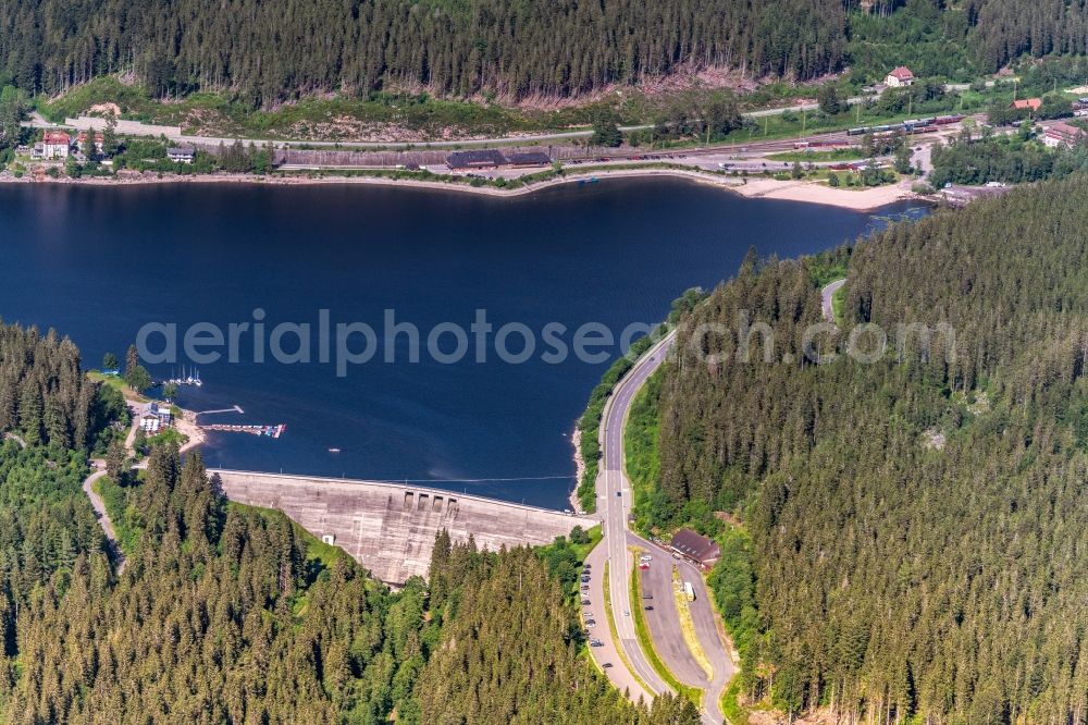 Aerial image Blasiwald - Dam and shore areas at the lake Schluchsee in Blasiwald in the state Baden-Wuerttemberg, Germany