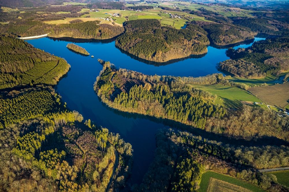 Aerial image Breckerfeld - Dam and shore areas at the lake on Gloertalsperre in Breckerfeld in the state North Rhine-Westphalia, Germany