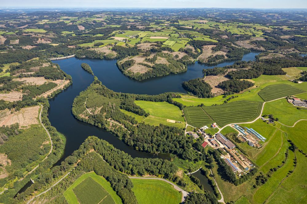 Breckerfeld from above - dam and shore areas at the lake Ennepetalsperre in Breckerfeld in the state North Rhine-Westphalia, Germany
