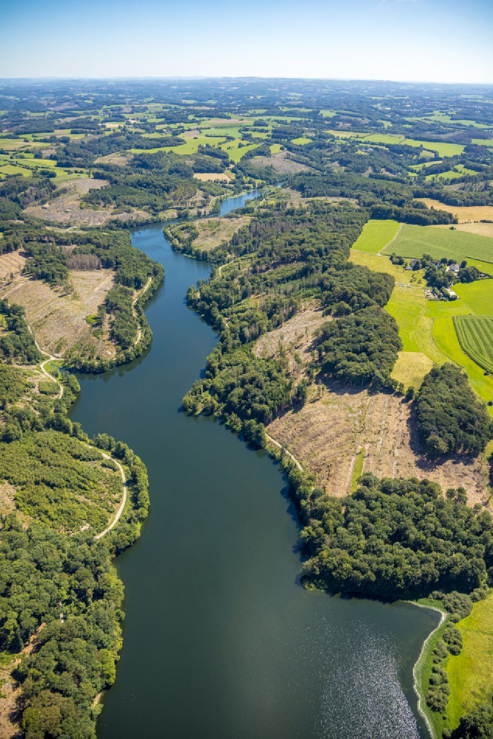 Breckerfeld from above - dam and shore areas at the lake Ennepetalsperre in Breckerfeld in the state North Rhine-Westphalia, Germany