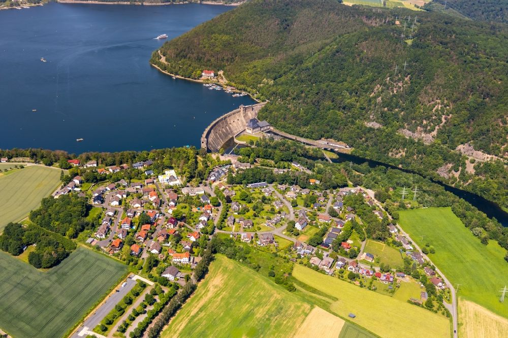 Edersee from above - Dam and shore areas at the lake in Edersee in the state Hesse, Germany