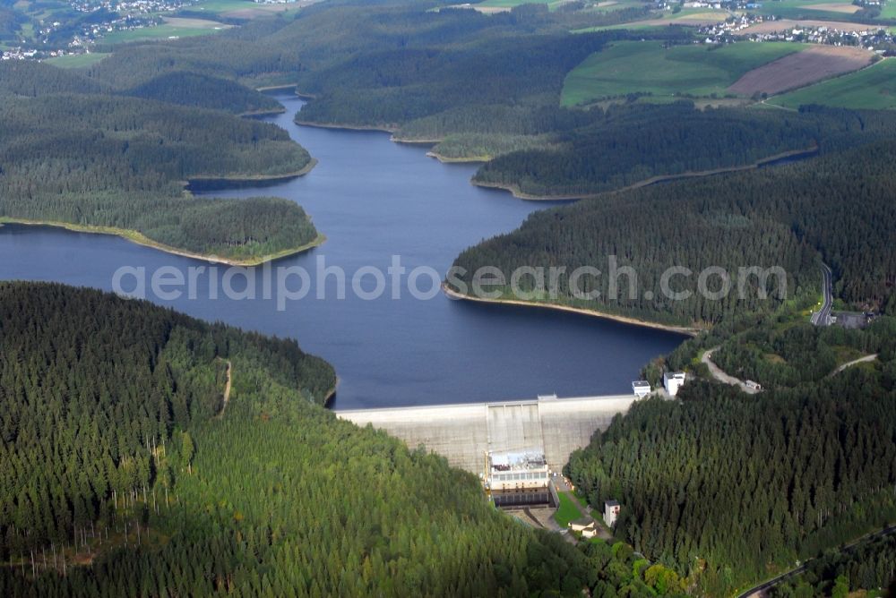 Eibenstock from above - Dam and shore areas at the lake in Eibenstock in the state Saxony, Germany